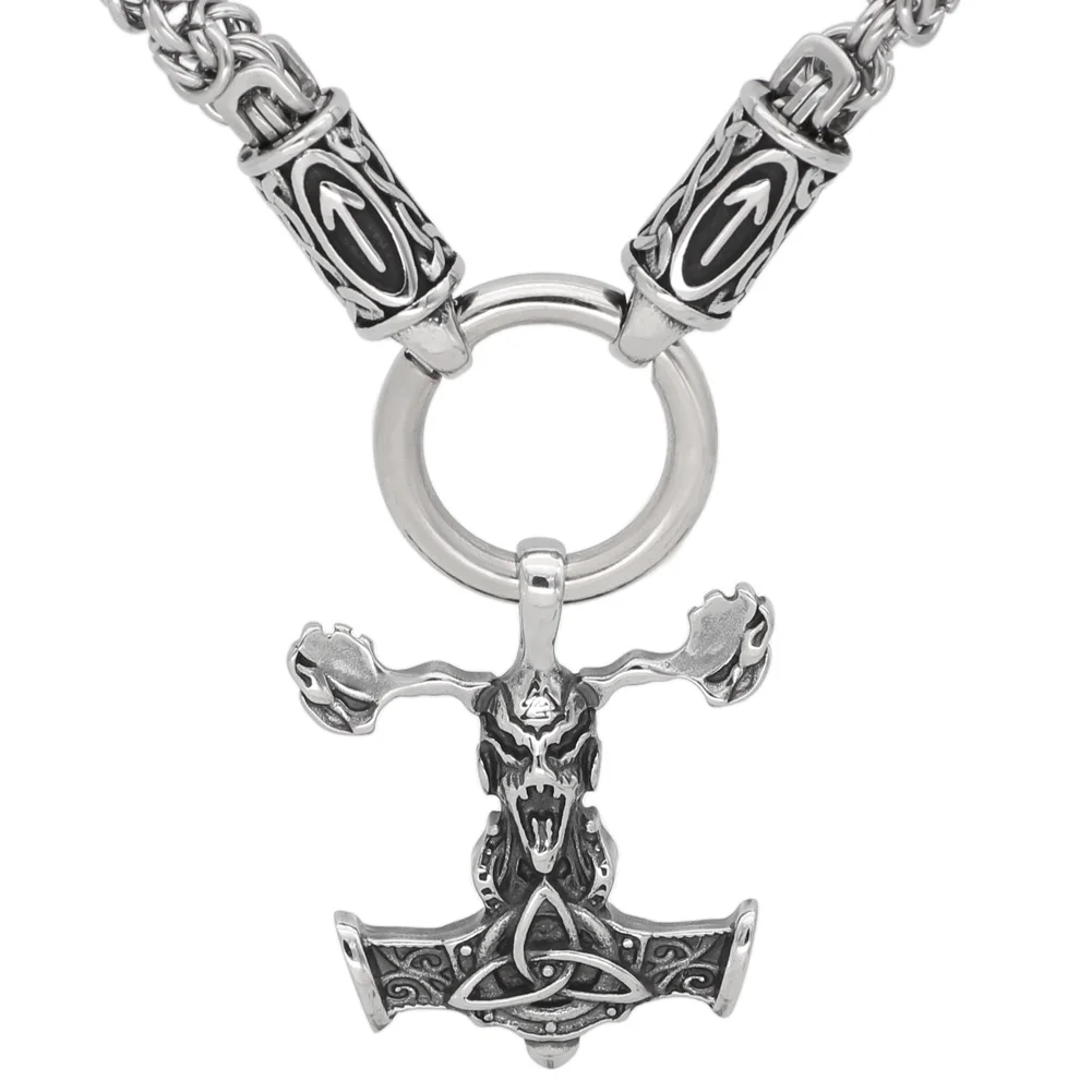 Nordic viking rune with knot thor hammer Talisman MJOLNIR pendant necklace stainless steel -king chain valknut gift bag |