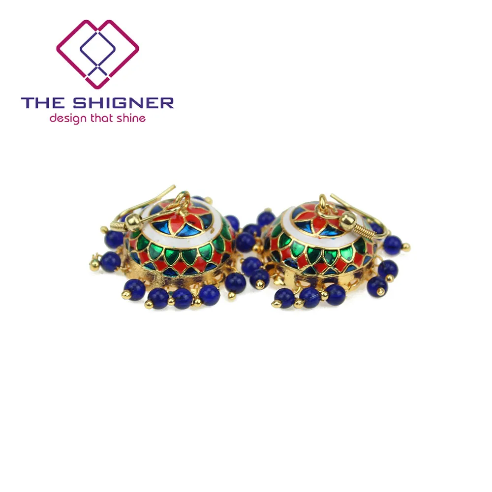 Классические индийские эмалированные сережки Meenakari золотого оттенка Jhumka Jhumki
