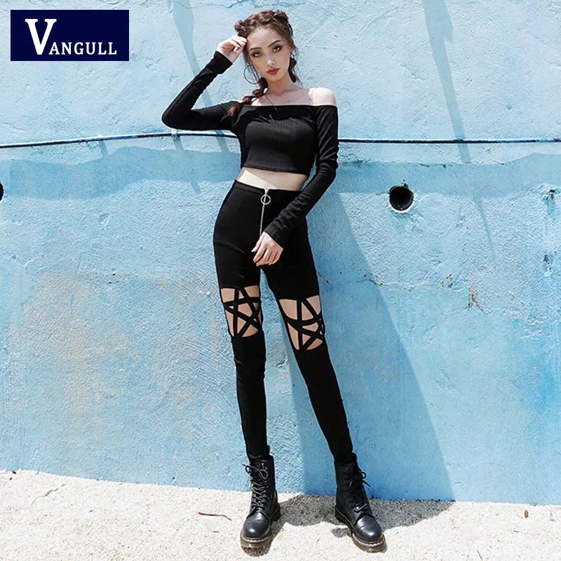 Vangull, новая мода, панковский стиль, готика, женские штаны, брендовые леггинсы, с выемкой, пятиконечная звезда, высокая талия, штаны, уличная одежда, брюки