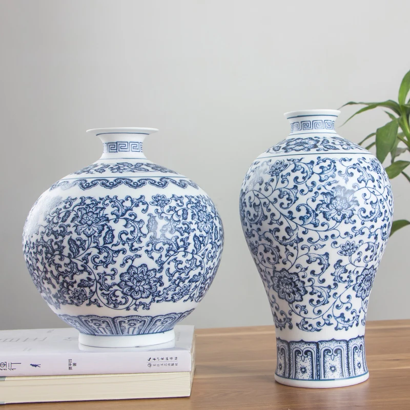 No Glazed Blue and White Porcelain Vases Interlocking Lotus Design Flower Ceramic Vase Home Decoration Jingdezhen Flower Vases