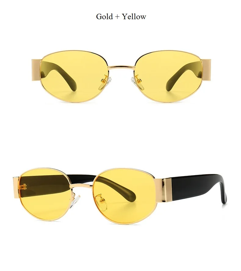 Gold Yellow Стимпанк Солнцезащитные очки панк металлические солнцезащитные очки мужские европейские и американские винтажные трендовые овальные очки женские красные зеленые фиолетовые - Цвет линз: Gold Yellow