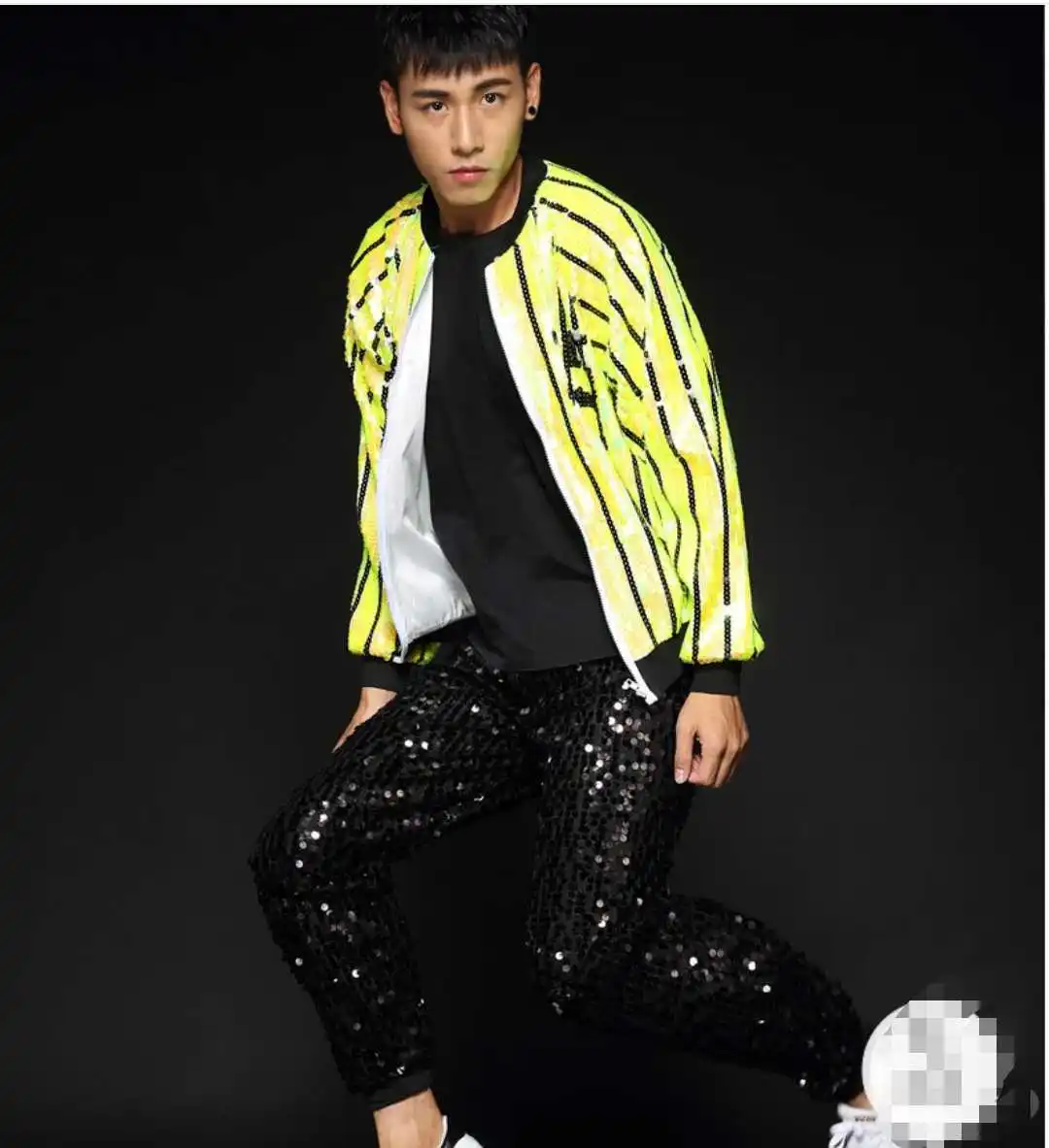 Сценические костюмы для певцов мужская куртка с блестками черные штаны ночного