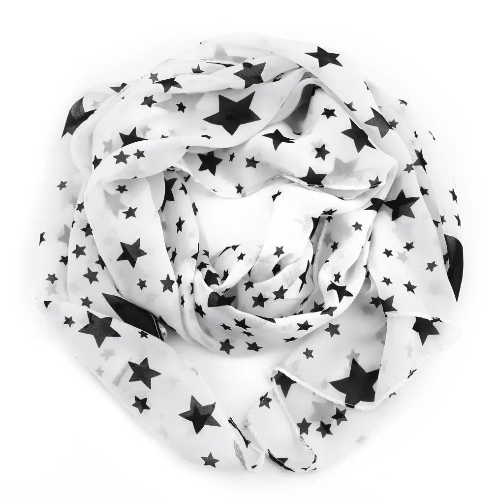Women Black White Stars Soft Long Chiffon Neck Wrap Kerchief Scarf Stole | Аксессуары для одежды