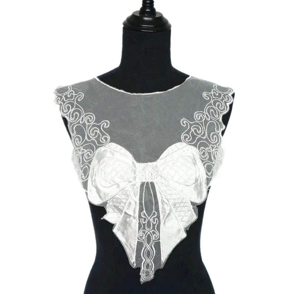 Белый кружевной ткани бант воротник вышитое свадебное платье Аппликация Планки