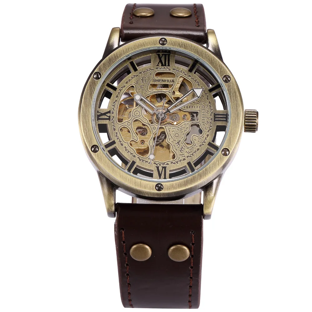 Shenhua бронзовый автоматические часы мужчины скелет коричневый кожаный ремешок