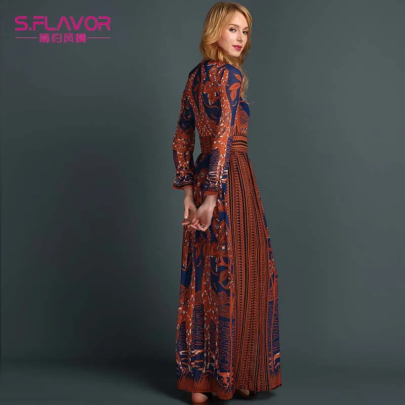 Женское длинное платье S. FLAVOR шифоновое макси с длинным рукавом и принтом на лето