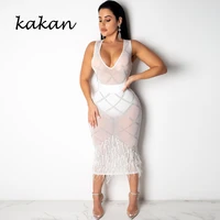kakan mesh hot drilling sexy dress chicken feather perspective nightclub v neck dress 2019 summer new hot womens dress