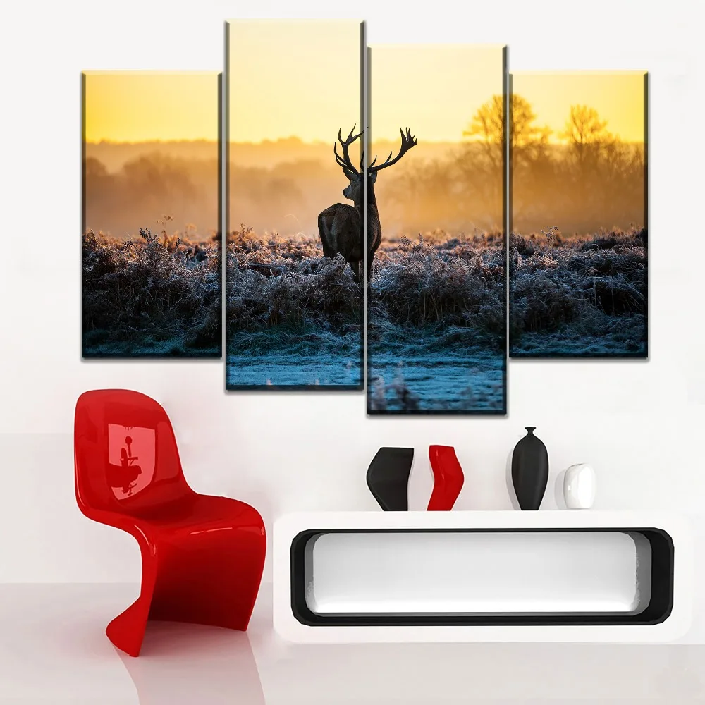 Современный Настенный декор плакат 3 панели природа лес пейзаж животные олень