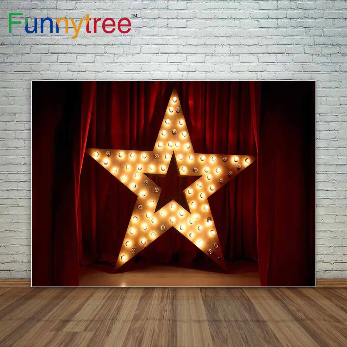 Студийный фон Funnytree с красными занавесками микрофоном и золотым мигающим