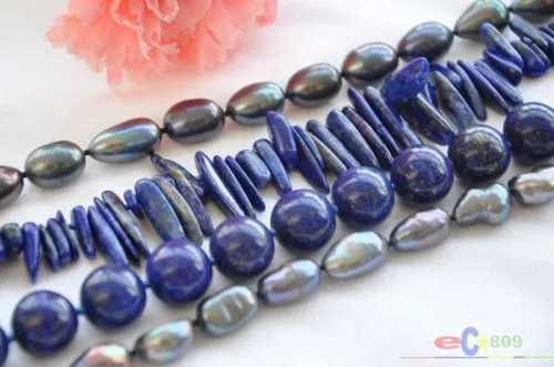 

Natural 4row 19" black rice pearl blue lapis lazulis necklace