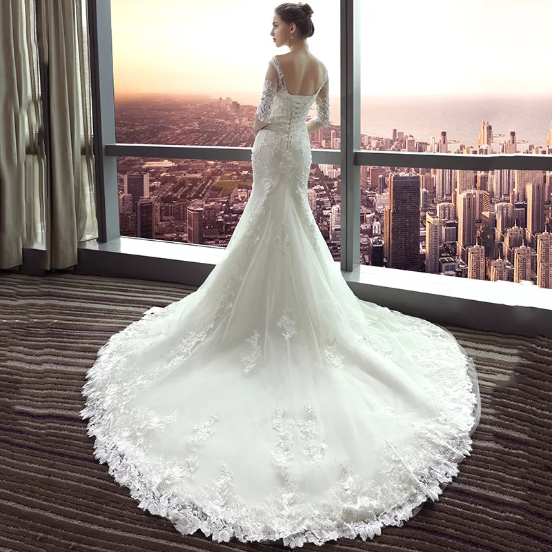 Свадебное платье русалки 2021 свадебное с коротким рукавом и круглым вырезом со