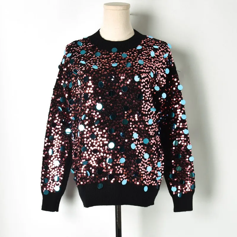 2018 Winter New Shiny Sequined Knit Sweater Fashion Glitter Women Sweaters and Pullovers Bling O-neck Black Lady Tops | Женская одежда