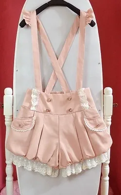 

Black/pink Kawaii Overalls Summer New Lace Flounces Double Breasted Lantern Suspender Shorts Lolita Sweet Jumpsuits Cute Rompers