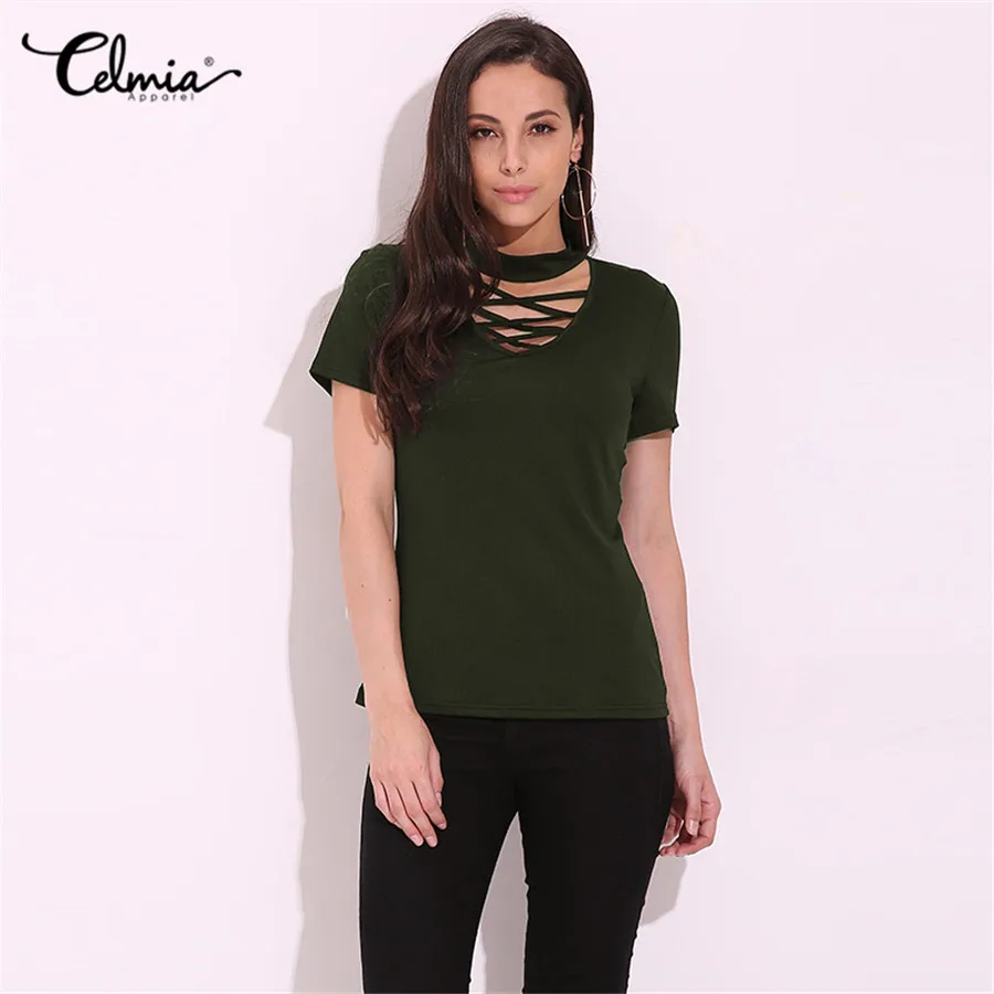 CELMIA Лето Для женщин Blusas Chocker глубокий вырез из блузки короткий рукав рубашки Обычная тонкая Однотонная футболка Oversize Топы S-4XL