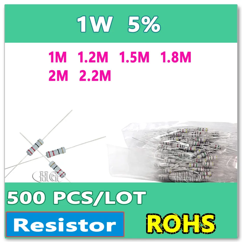 

JASNPROSMA 500PCS/LOT 5% 1W 1M 1.2M 1.5M 1.8M 2M 2.2M carbon film DIP OHM high quality new goods 1 W Resistor