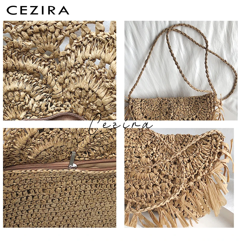 CEZIRA, маленькая пляжная летняя Плетеная соломенная сумка через плечо, тканые сумки с клапаном для женщин, чехол с бахромой, праздничная сумка-мессенджер
