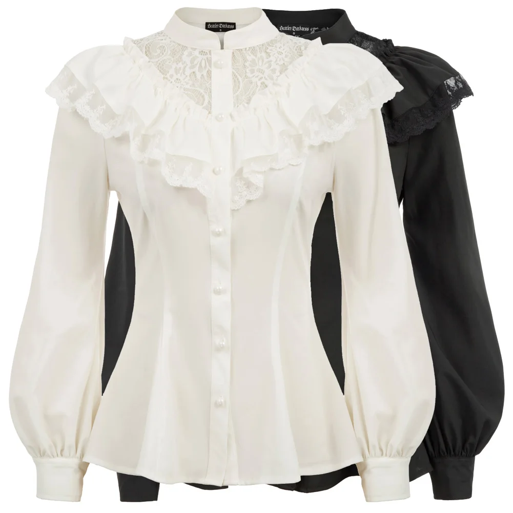 gothic shirt Women vintage blouses spring fall ladies Renaissance Long Sleeve Stand Collar Ruffle Decorated Shirt clubwear Tops