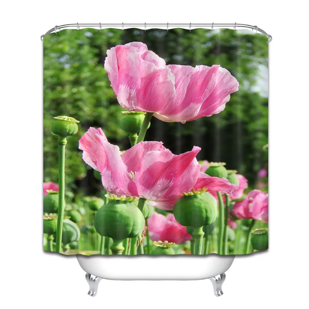 LB Waterproof 3d Pink Poppy Flower Shower Curtain And Bath Mat Liner Plant Polyester Bathroom Curtains Fabric for Bathtub Decor | Дом и сад