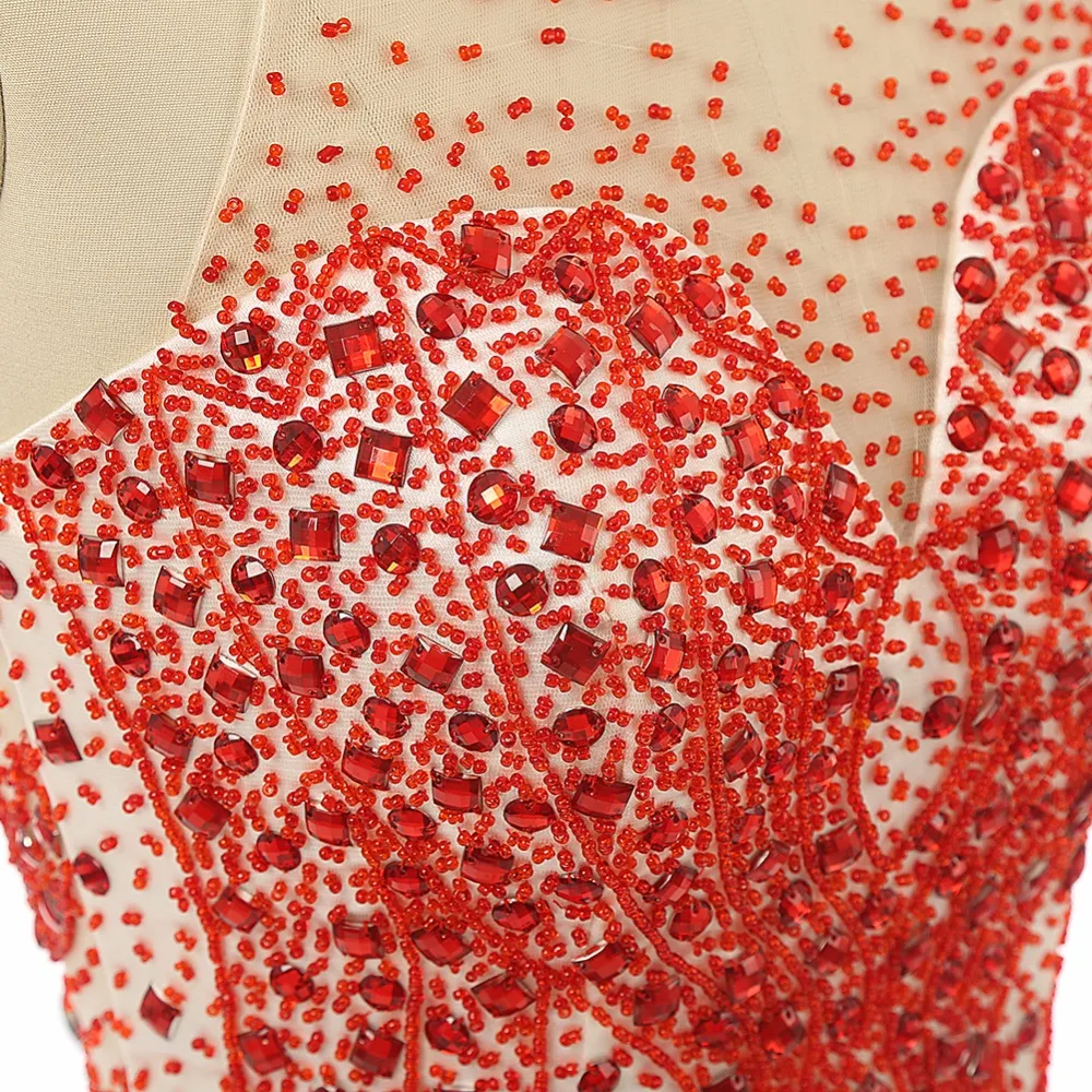 

Red Prom Dresses Mermaid High Collar Beaded Crystals Backless Slit Sexy Long Women Prom Gown Evening Dresses Robe De Soiree