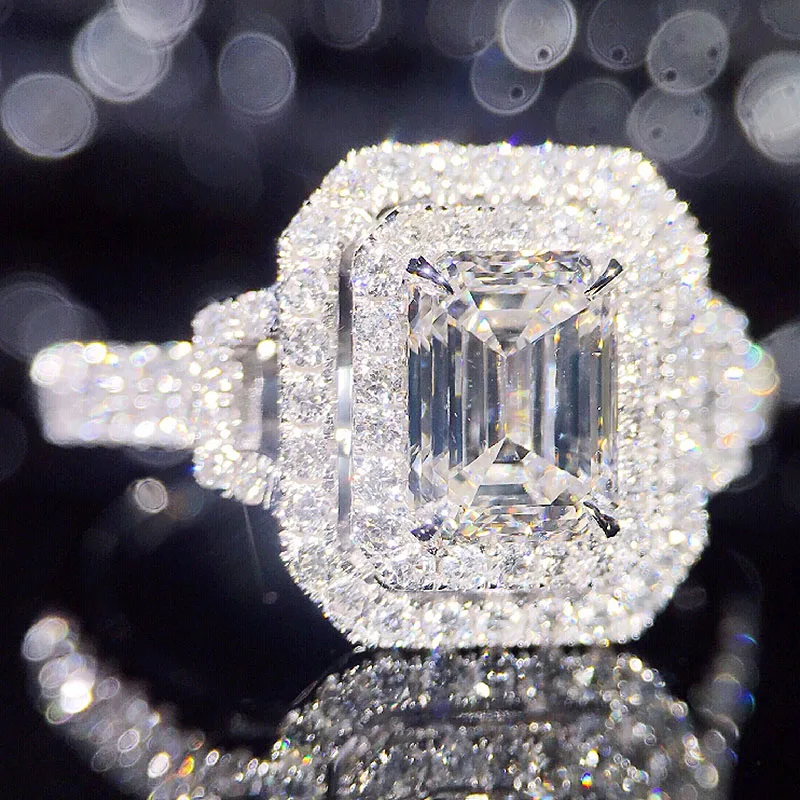 Fashion Design 18K White Gold Center 1ct Emerald Cut Moissanite Double Halo Ring Engagement Wedding Jewelry For Women | Украшения и
