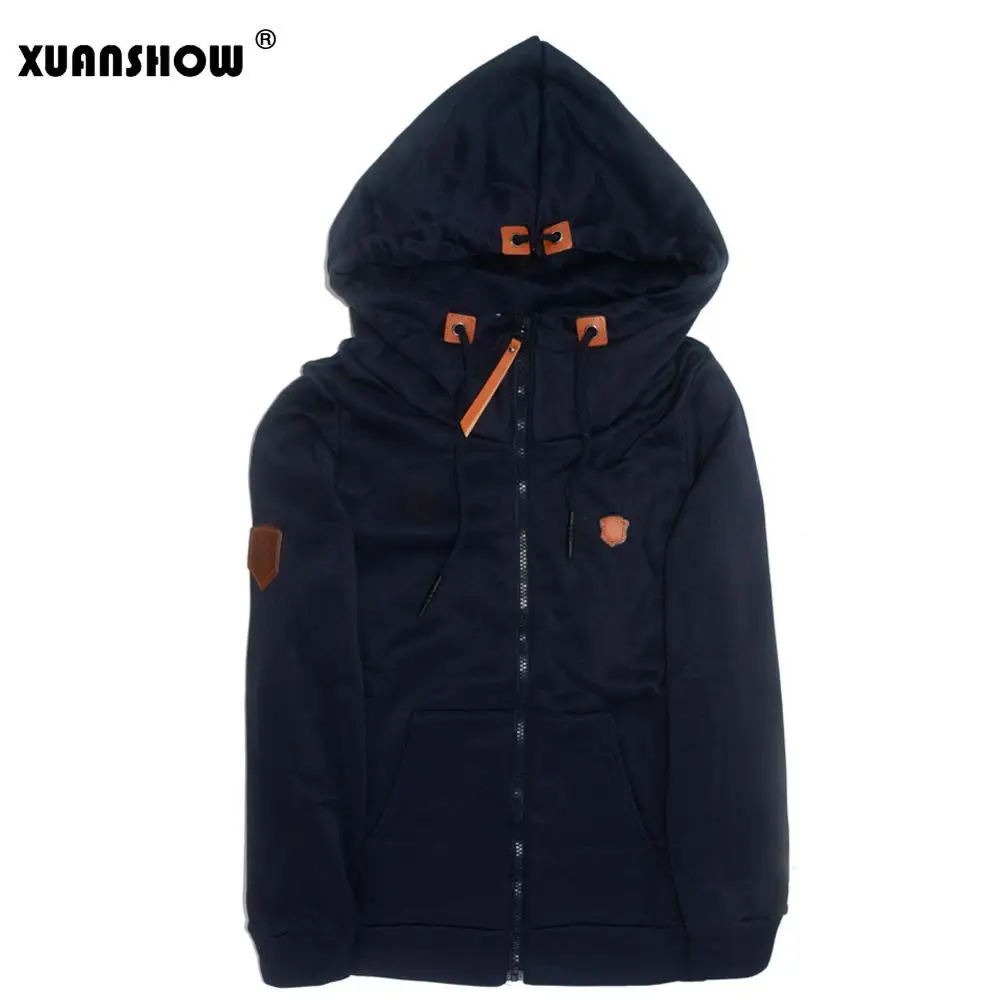 Navy blue XUANSHOW Женский мода руно толстовки свитшот женский Повседневная Спортивные костюмы твердый Длинный рукав Застегнуть Одежда Плюс размер S-5XL - Цвет: Navy blue