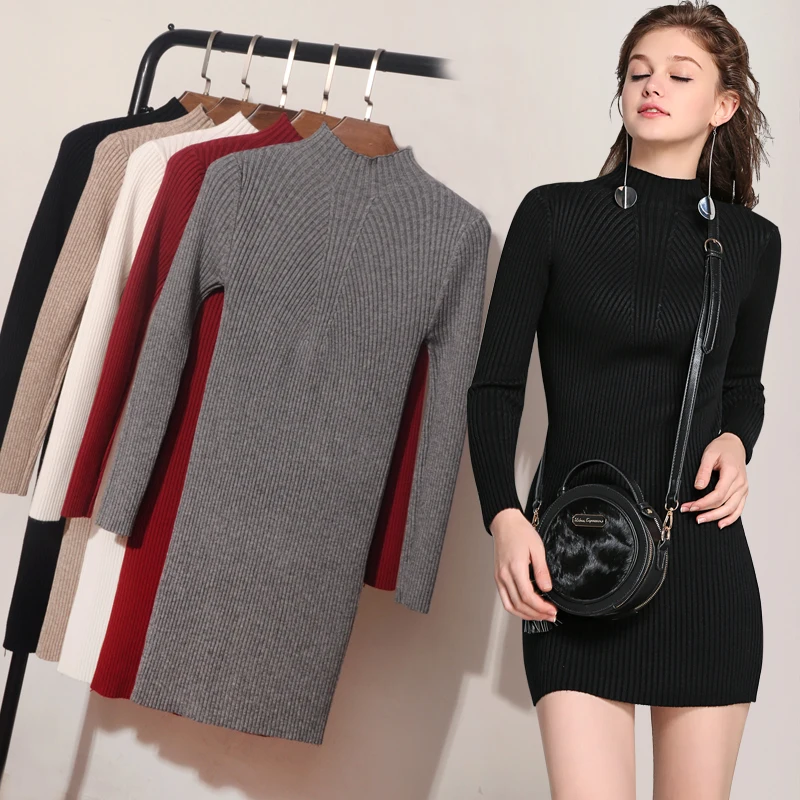 Тонкое длинное трикотажное мини платье с круглым вырезом vestido зимний свитер для