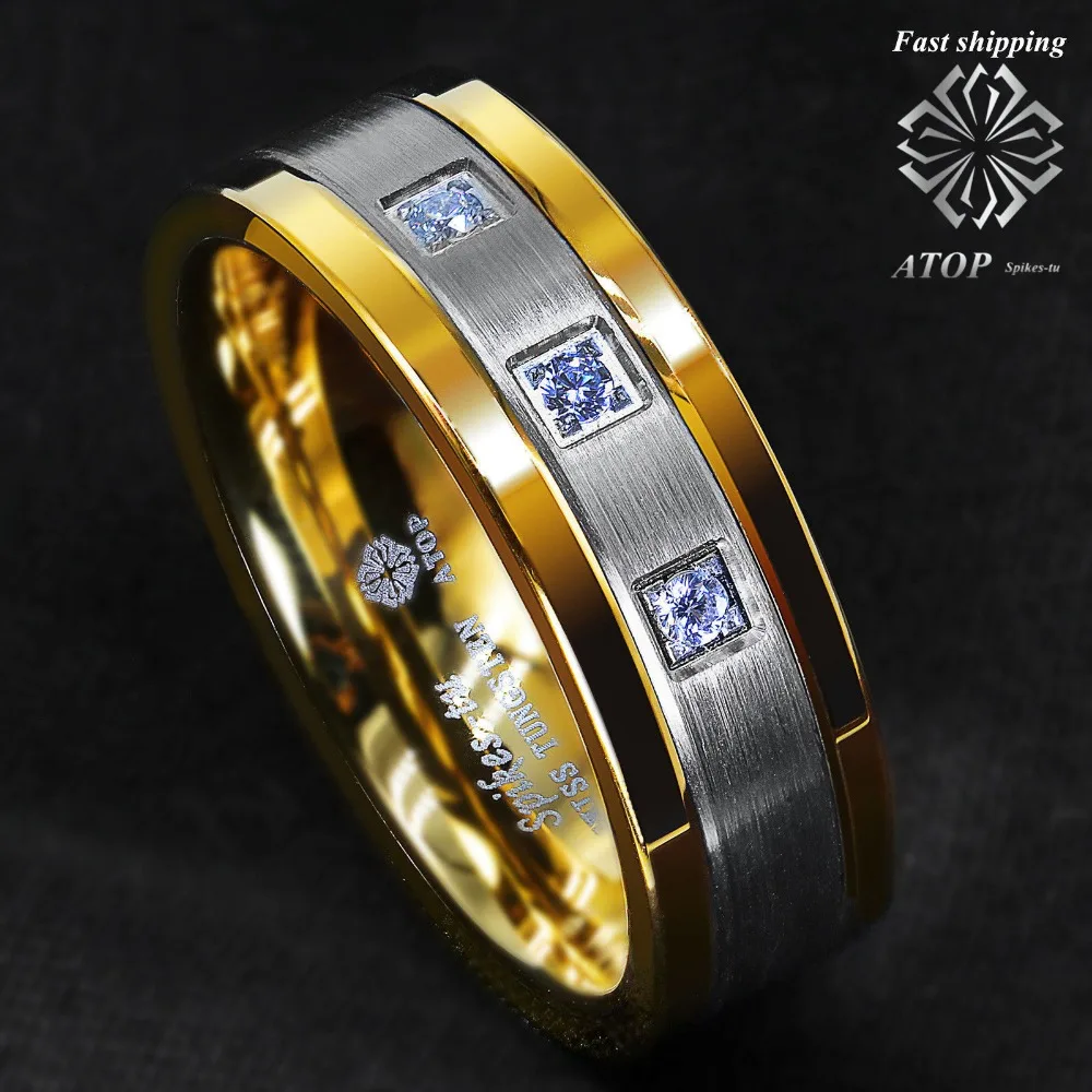 Серебряное вольфрамовое кольцо 8 мм с матовым покрытием 18K золотые бриллианты