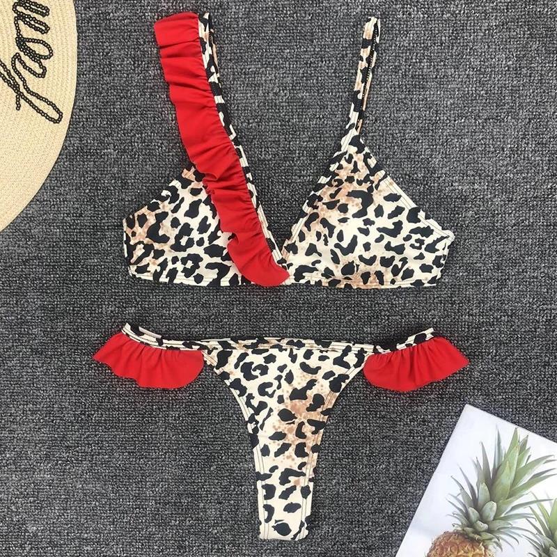 Женский купальник с леопардовым принтом maillot de bain купальный костюм оборками и пуш