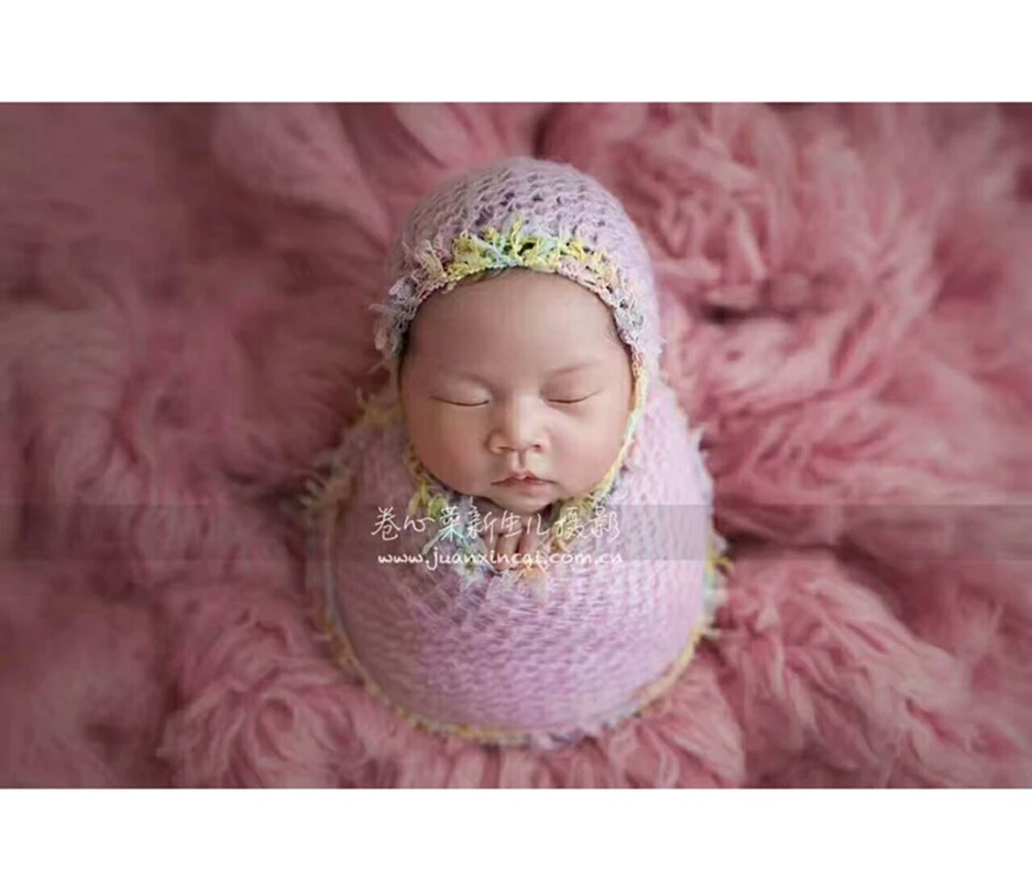 

New Style Mohair Hat and Wrap Set Newborn Bonnet Prop Swaddle Blanket Basket Filler Newborn Photography Props Stretch wrap