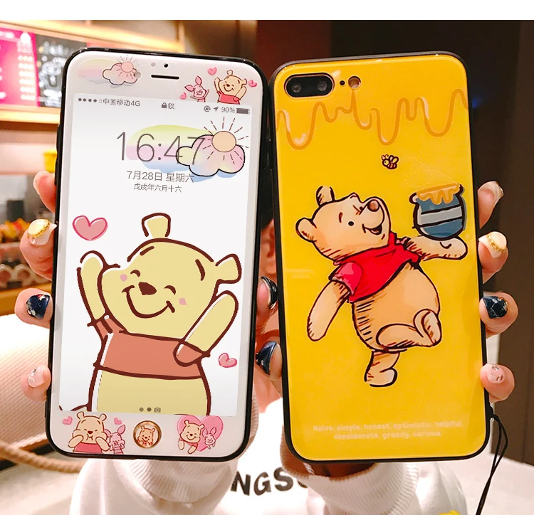 Сумка-Медведь Винни для iPhone 7/8 plus задняя крышка из закаленного стекла 6 6s +