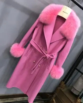 PINK Качающийся потрясающий натуральный бренд Fox fur Trim из шерсти ягнёнка шерстяной Тренч пальто плюс размер осень зима меховые пальто abrigo mujer - Цвет: PINK