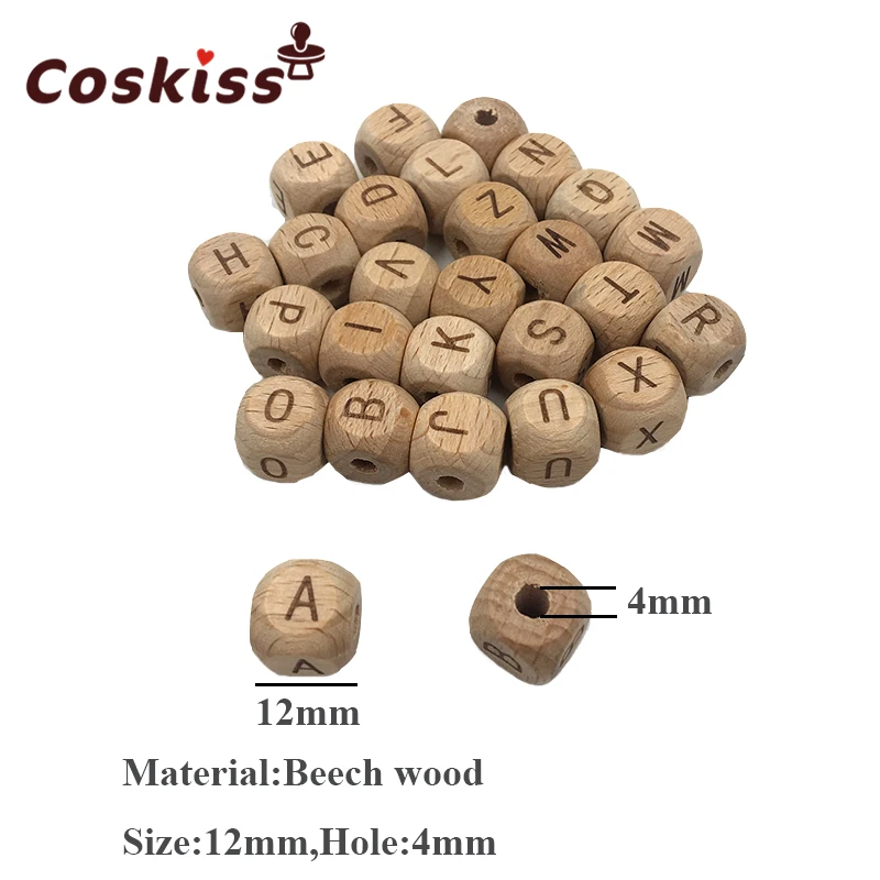 Teething Accessories 100pc Square Shape Beech Wood Letter Beads Crib Toy 12mm Teething DIY Jewelry Beads Baby Teether