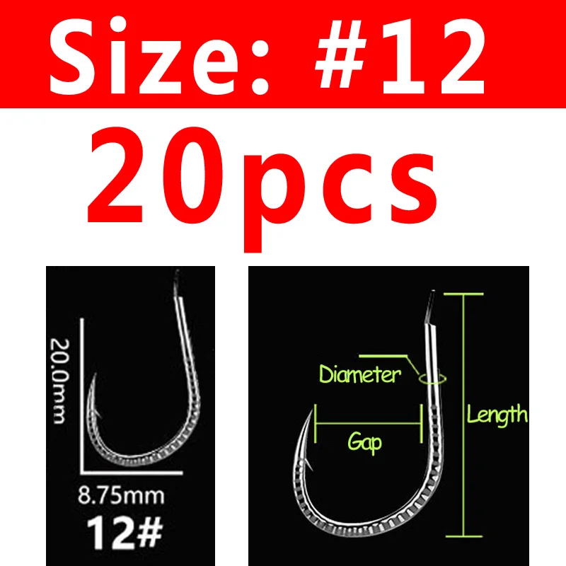 Size 12 Bimoo 20 шт./пакет Экстра сильный хвостовик кованый крючок для ловли карпа высокоуглеродистой стали снаряжение рыболовное крючки - Цвет: Size 12