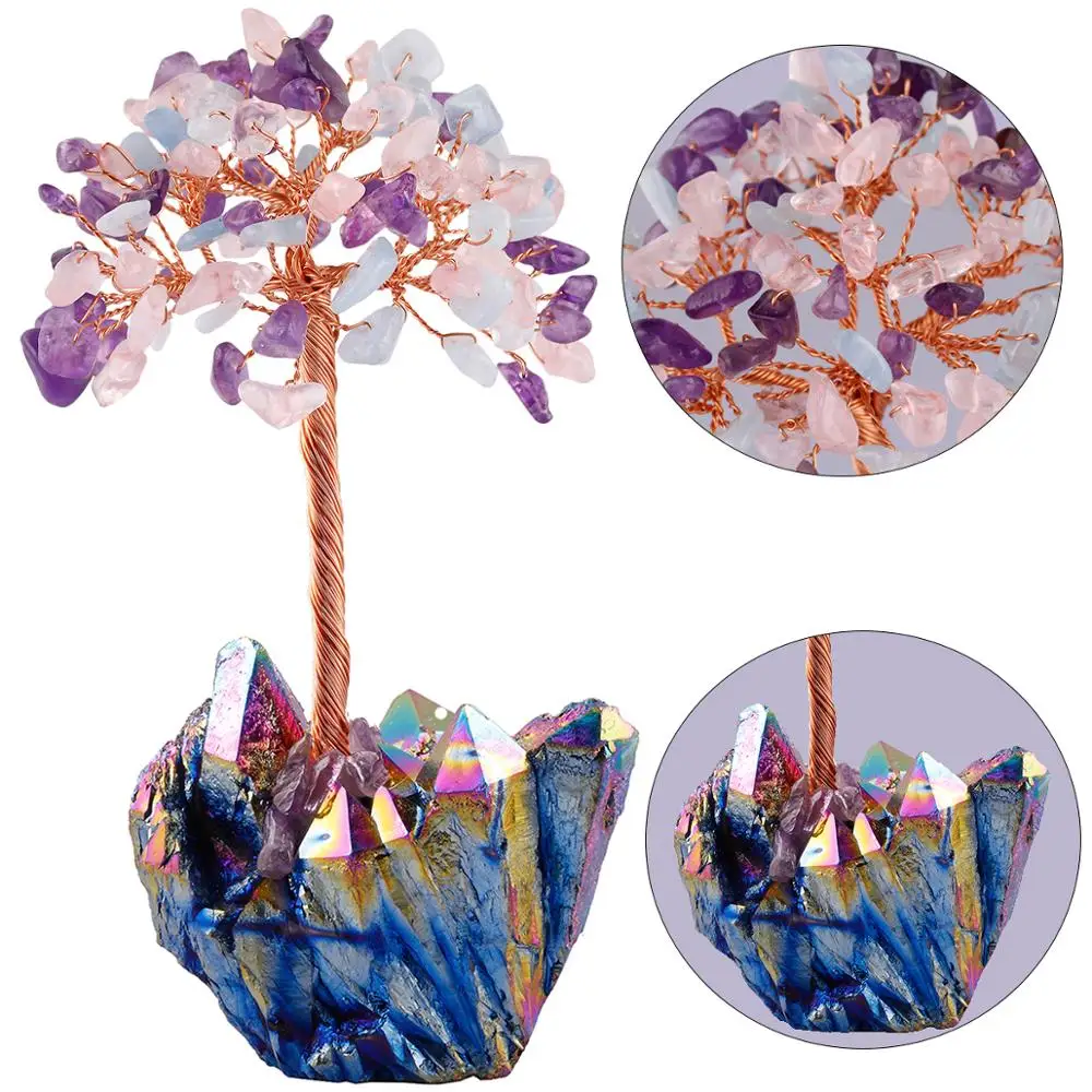 TUMBEELLUWA Natural Multicolor Crystal Tree Reiki Titanium Coated Cluster Base Bonsai Lucky Money Sculpture Decor | Украшения и
