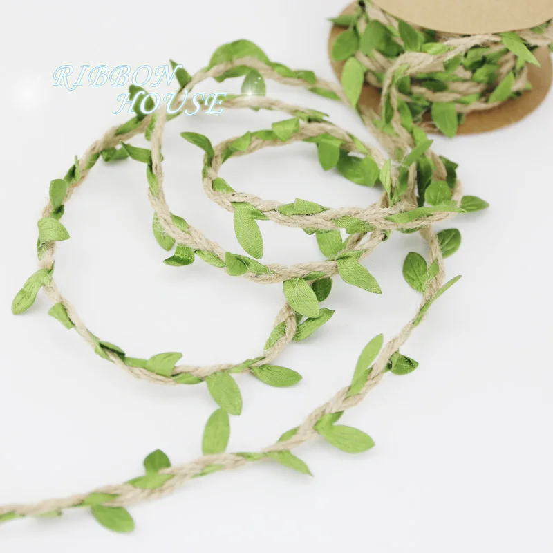 (5 meters/lot) 5mm Leaf hemp rope braided with green leaves lace home decoration rope handmade garland ribbon images - 6