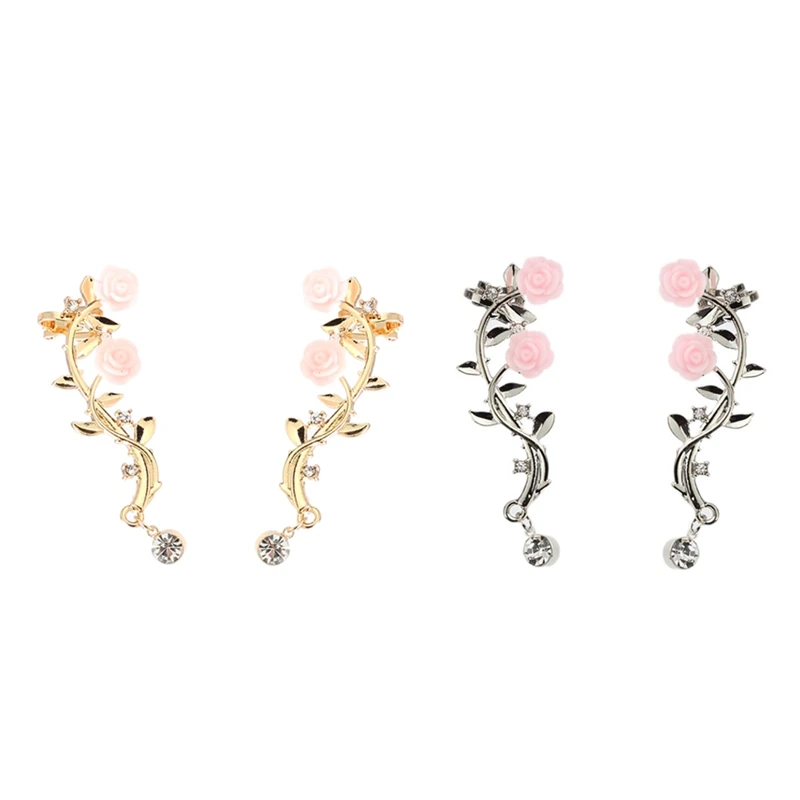 Женские серьги в виде ветки розы антиаллергические из сплава с жемчугом вечерние
