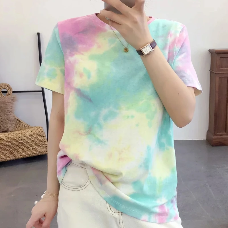 Женская трикотажная футболка с принтом Tie Dye Повседневная Свободная коротким