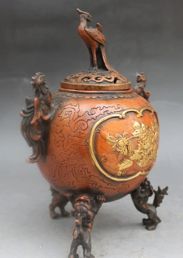 ZSR bi002583 9&quot Marked Chinese Fengshui Bronze Gilt Phoenix Lion incense burner Censer Statue | Дом и сад