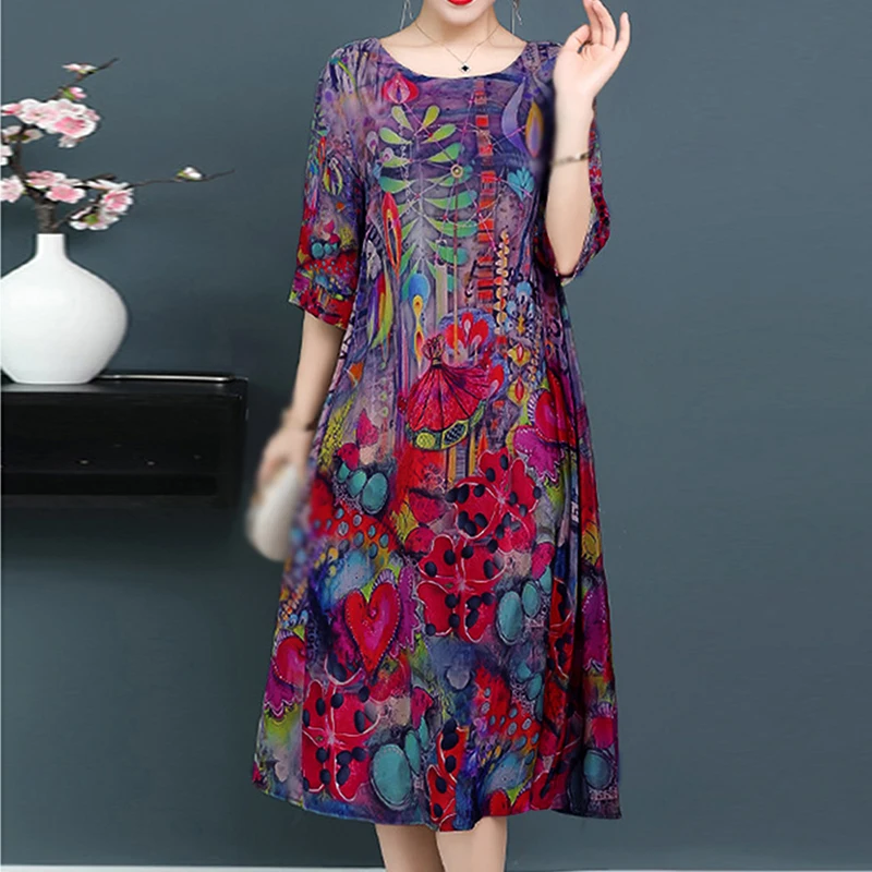 Свободное платье большого размера с принтом повседневные летние шелковые