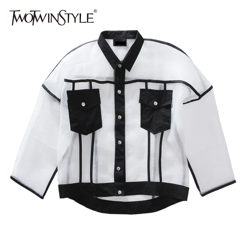TWOTWINSTYLE прозрачная куртка женская с Спагетти ремень Топ воротник лацканами рукав
