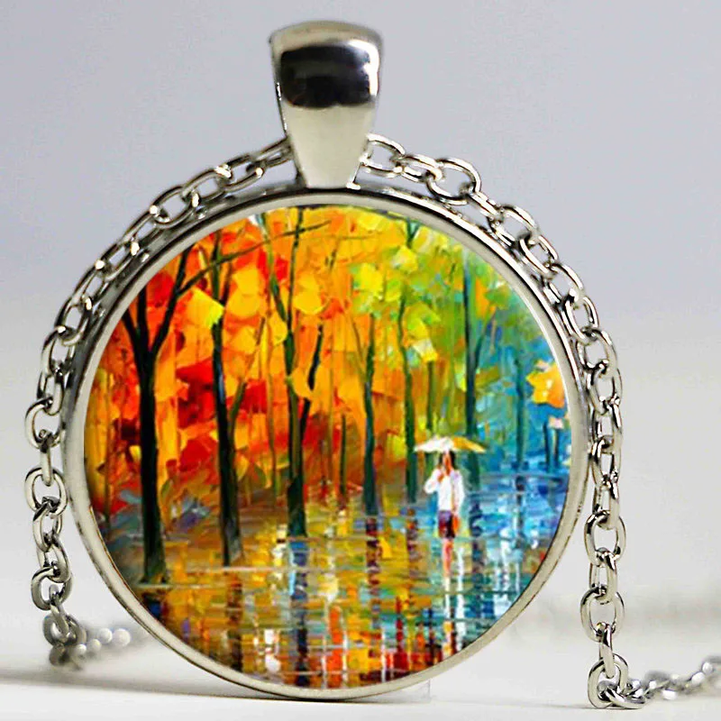 Винтаж стекло дерево жизни кабошон себе ожерелье с серебряным покрытием