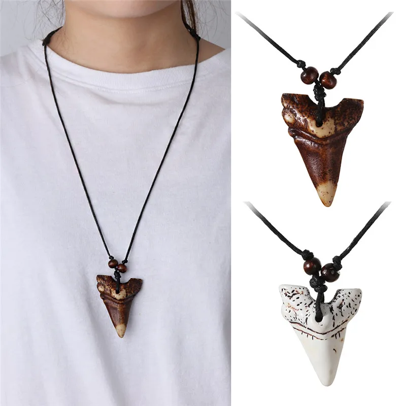 adjustable rope chains handmade resin shark teeth necklaces for women men traveling ethnic necklace fj825 | Украшения и