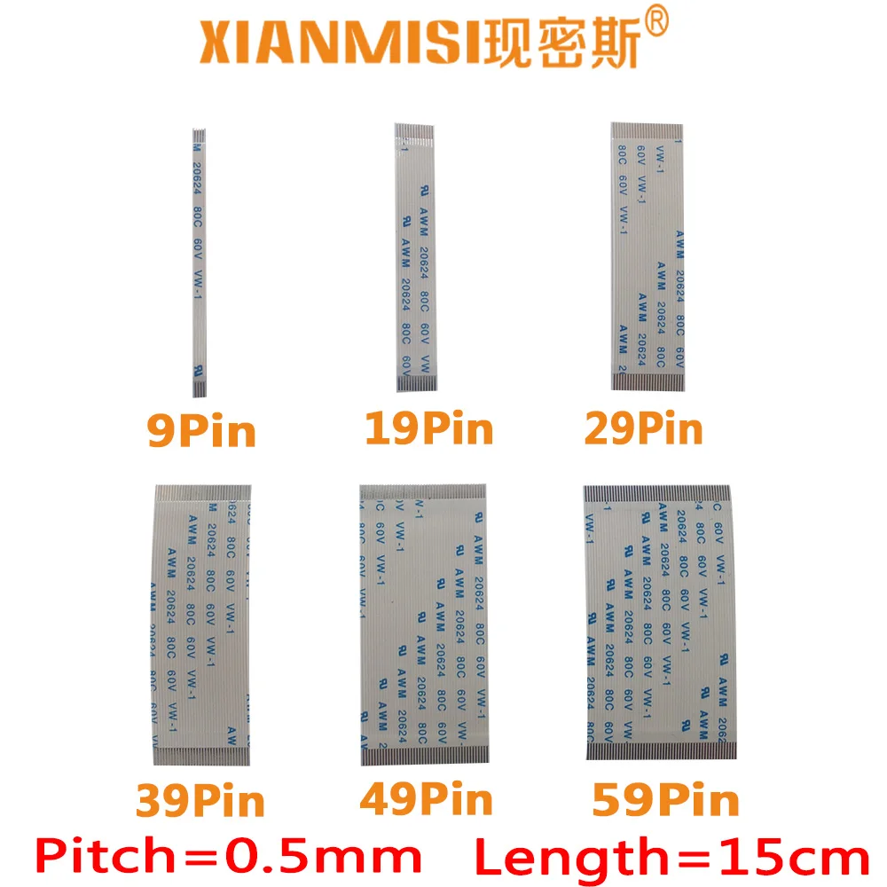

FFC/FPC Flat Flex Extension Cable 9Pin 19Pin 29Pin 39Pin 49Pin 59Pin Same Side 0.5mm Pitch AWM VW-1 20624 60V Length 15cm 5PCS