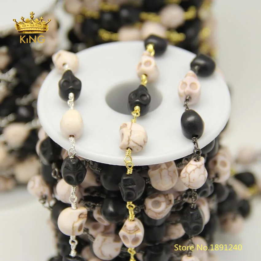 

5meter White&Black Skull Turquoises Chains Findings,8x10mm Howlite Skull Head Loose Beads Rosary Chains Fashion Jewelry ZJ218