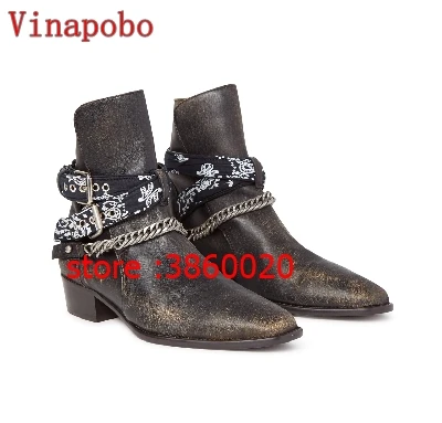 VINAPOBO/Брендовые мужские ботинки из натуральной кожи в британском стиле; простые черные ботинки «Челси» с острым носком и цепочками; мужские повседневные ботильоны на плоской подошве - Цвет: Армейский зеленый