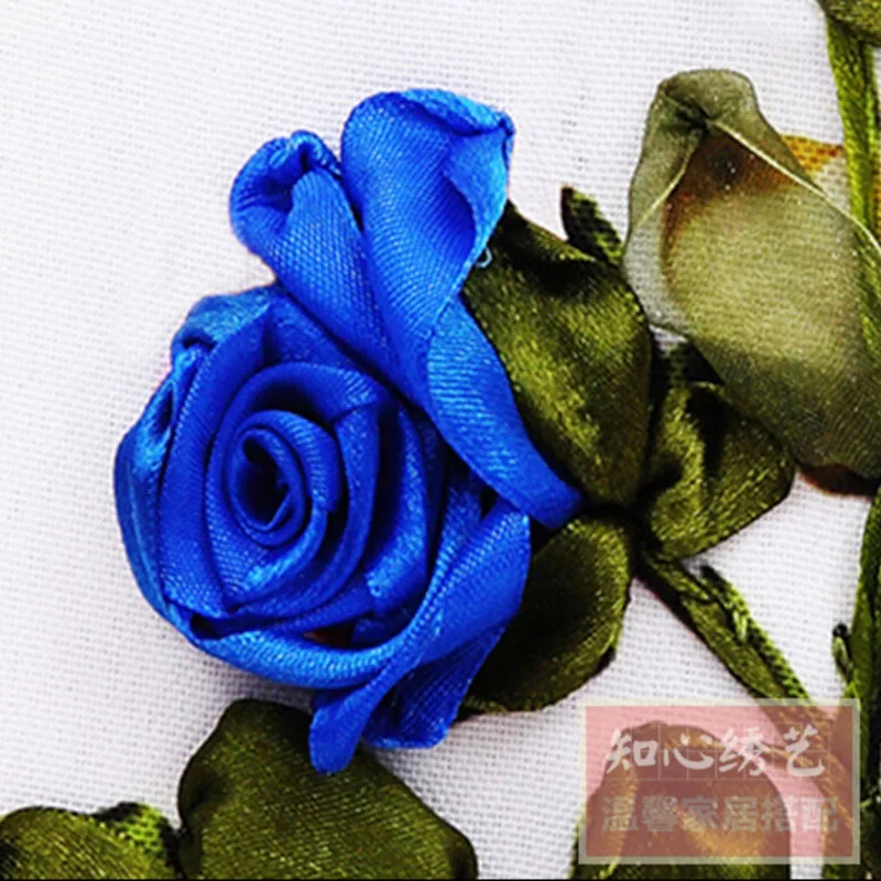 Ribbon embroidery paintings flower blue rose ribbon three-dimensional cross-stitch new arrival wedding kit | Дом и сад