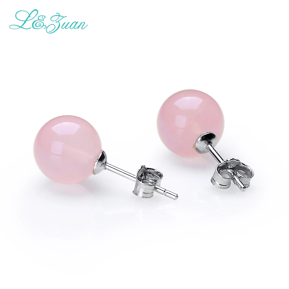 Женские серьги гвоздики из серебра 925 пробы с натуральным розовым кварцем