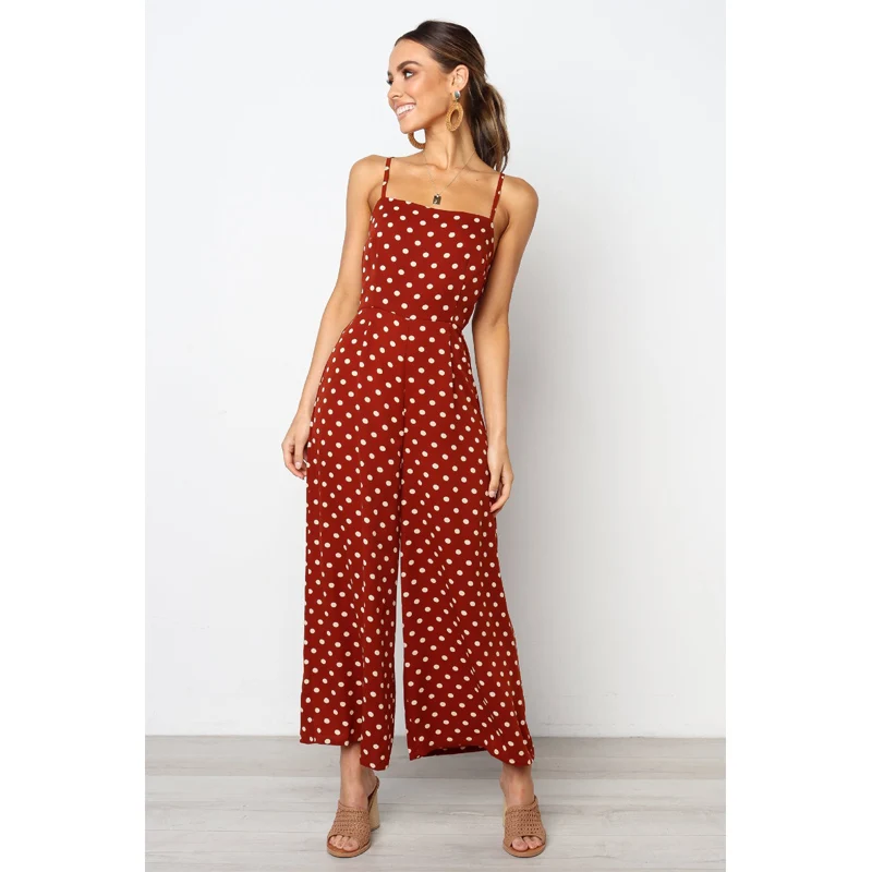 Sexy Jumpsuits Women Spaghetti Strap Polka Dots Loose Trousers Wide Leg Pants Rompers Causal Backless Bow Leotard Overalls | Женская