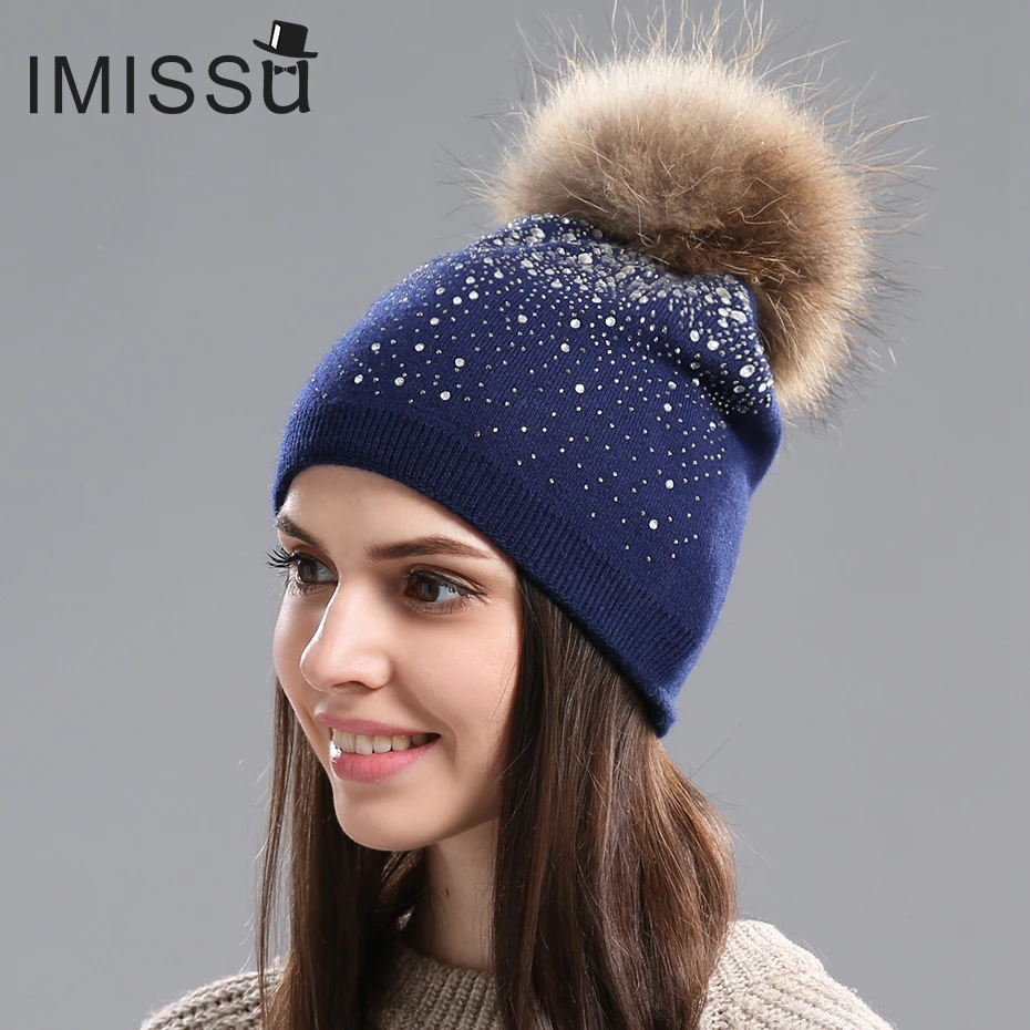 IMISSU женские Зимние Шапки Вязаные Шерстяные Случайный Маска Мех Енота Пом Hat