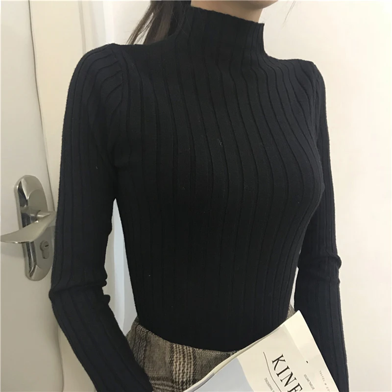 Spring Skinny Striped Women Sweater Half-Turtleneck Full Sleeve Knitted Pullovers Knitwear Femme Elastic Knitting Jumper 2019 | Женская